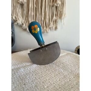 Vintage Dbl-Blade Mezzaluna Knife Herb Chopper Hand-painted Wood Handle (3736)